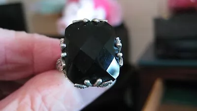 Nice Sterling Silver Faceted Onyx Marcasite & Crystal Ring Sz 7 • $18