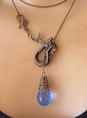 Mermaid Necklace Art Nouveau Siren Lariat Pendant W/ Antique Blue Czech Glass • $26