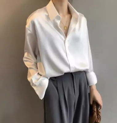 Autumn Fashion Women Button Up Satin Silk Shirt Vintage Blouse White Long Sleeve • $23.99