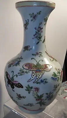 Antique Chinese Qianlong Vase Enameled Butterflies 12 3/4  BEAUTIFUL • $218