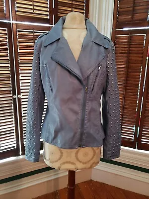 $45 • Buy V Cristina Vegan Leather Moto Jacket Studs Denim Blue Sz M Fitted Fully Lined