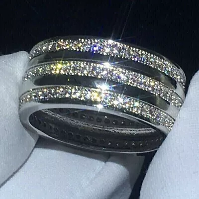 Men's Eternity Wide Engagement Band 14K White Gold Over 2.9 Ct Simulated Diamond • $145.48