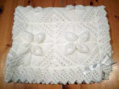 Lovely Hand Knitted Baby Cot Or Pram Blanket In Baby White Wool • £21