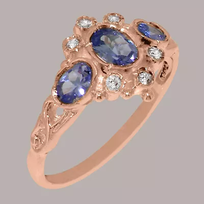 9ct Rose Gold Natural Tanzanite Diamond Womens Trilogy Ring - Sizes J To Z • £429