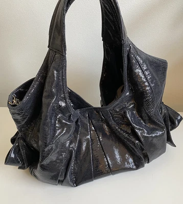 $25 • Buy Treesje Black Slouchy Hobo Patent Leather Reptile Print W/ Bows