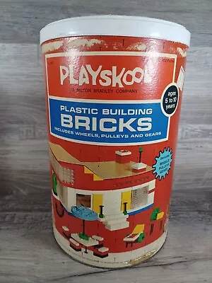 Vintage 1970 PLAYSKOOL Plastic Building Blocks Bricks Milton Bradley Cannister • $20
