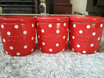 £16 • Buy Next Ceramic Kitchen Storage Jars X3 Tea Coffee Sugar Canisters Red White Spots 
