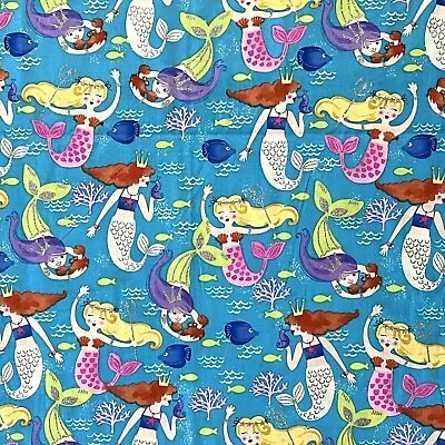 1 Yd Joann Fabrics Blue Mermaids Under Sea Glitter Tails Fish Ocean Coral Print • $8.99