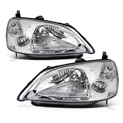 For 2001 2002 2003 Honda Civic Chrome Clear Headlights Assembly Lamps Set • $66.99