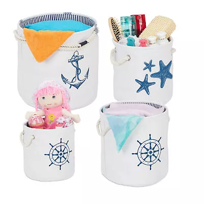 Set Of 4 Storage Baskets Nautical Print Box Organiser Shelf Tidy Holder Bathroom • £48.90