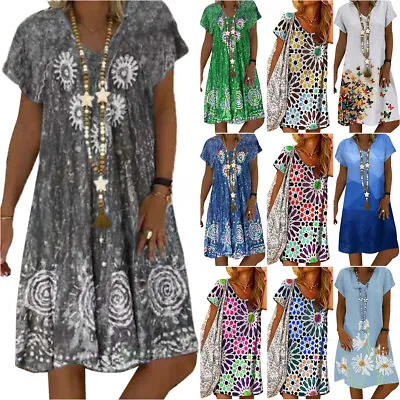 $20.61 • Buy Womens Print Loose V Neck Kaftan Mini T Shirt Dress Beach Short Sleeve Dresses