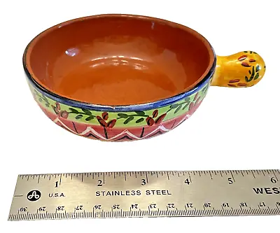 Pottery Bowl Portugal Hand-Painted Terra Cotta Small Signed Glazed Handle 5  Dia • $19.85