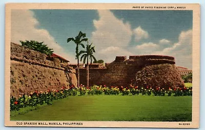 POSTCARD Od Spanish Wall Manila Philippines Palm Flowers Linen • $6.36