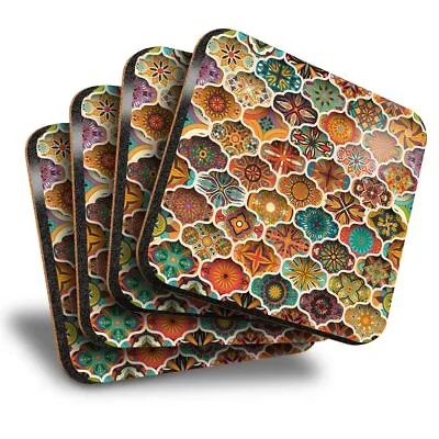 £7.99 • Buy Set Of 4 Square Coasters - Ethnic Floral Mandala Pattern Indian  #12522