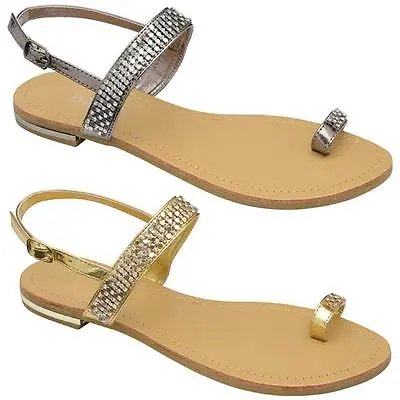 £4.95 • Buy Womens Ladies Sandals Diamante Summer Fancy Flat Heel Party Wedding Shoes Size
