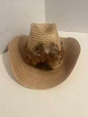 Vintage Levi's  Straw Western Woven Cowboy Feather Hat Leather Band Size Medium • $39.99