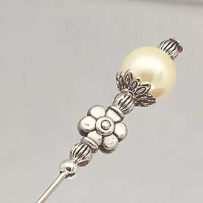 £5.99 • Buy Ivory Pearl Vintage Silver Style 5 Inch Long Hat Pin With Pin Protector**