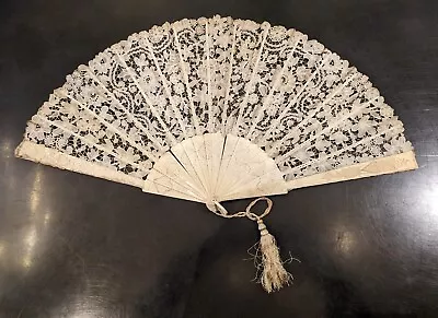 Antique 19th C Hand Carved Fan With Hand Made Floral Lace • $295