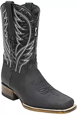 Mens Genuine Leather Western Square Toe Black Boots - Quality Handcrafted Boots • $79