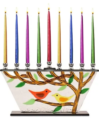 Ner Mitzvah Glass Chanukkah Menorah - Birds Tree Of Life Menorah - Candles • £27.99