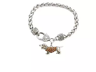 Dachshund Weenie Dog Breed Silver Brown Crystal Charm Bracelet Jewelry Gift • $19.49