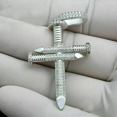 3 Ct Round Cut Simulated Diamond Men's Nail Cross Pendant 14k White Gold Plated • $69.99