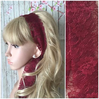 BURGUNDY WINE FLORAL LACE FABRIC HEAD SCARF HAIR BAND SELF TIE BOW 50s 80s RETRO • £3.99