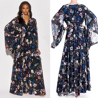 Meghan Fabulous SUNSET MAXI DRESS WILDFLOWER Floral NAVY Kimono Sleeves Large • $60