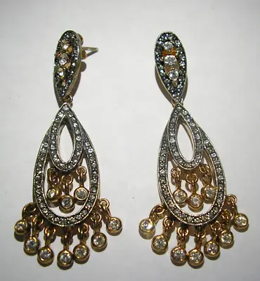 Sterling Silver Earrings Gold Tone Art Nouveau Drop Dangles W/CZ MB Designer 925 • $31.99