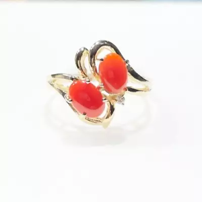 Genuine Natural Hawaiian Red Oval Cabochon Coral Diamond 14k Yellow Gold Ring • £346.96