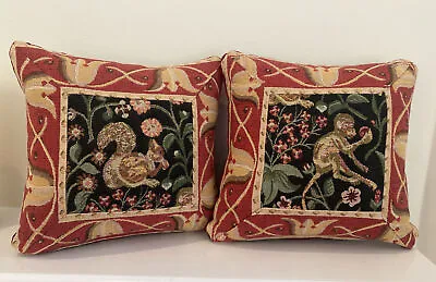TWO Capisserie Tapestry Pillows Red Velour Backing ~ Squirrel & Monkey • $29.95