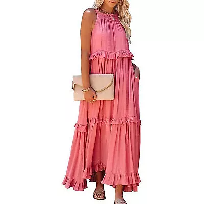 Women's Summer Sleeveless Ruffles Halter Long Dress Casual Beach Swing Sundress • $23.70