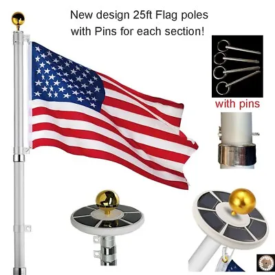 25ft Flag Pole Kit Telescopic Aluminum Flagpole Solar Lights 2 Flags  • $149.99