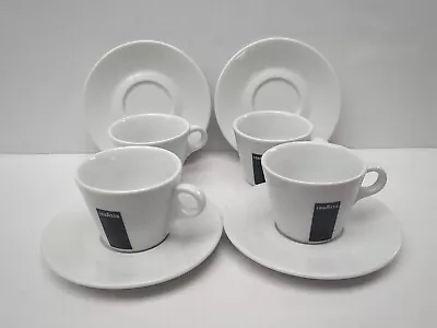 Lavazza Coffee Cups Saucers Set 4 Italian White Porcelain Italy Used Blue Logo • £24.99