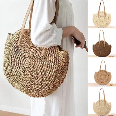 Women Boho Woven Handbag Summer Beach Tote Straw Bag Round Rattan Shoulder • £10.99