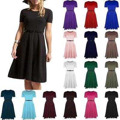 £4.99 • Buy Ladies Womens Plain Belted Franki Flared Swing Mid Length Skater Dress Plus Size