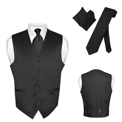 Men's Dress Vest NeckTie Hanky Solid BLACK Color Neck Tie Set For Suit Or Tuxedo • $24.95