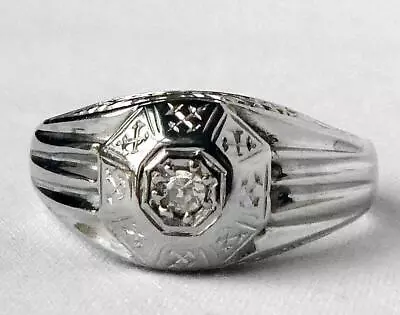 Antique 18k Wht Gold Art Deco Mens Unisex Diamond Hand Etched Maltese Cross Ring • $595