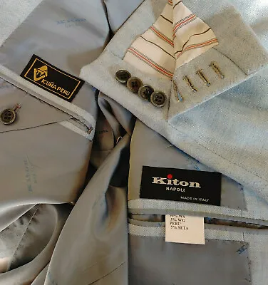 $999 • Buy Kiton Vicuna/Silk/Cashmere Light Blue Herringbone 3 Button Blazer Jacket 46 L