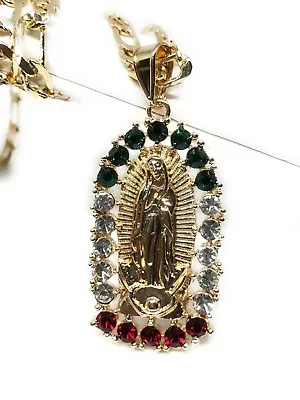 Virgen De Guadalupe Medalla Pendant Necklace Piedras Color 26  Cadena Oro Lamina • $16.99