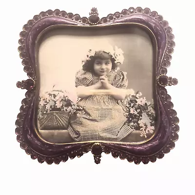 Vintage Rhinestone Trim Amethyst Enamel Glass Picture Frame Metal • $24.99