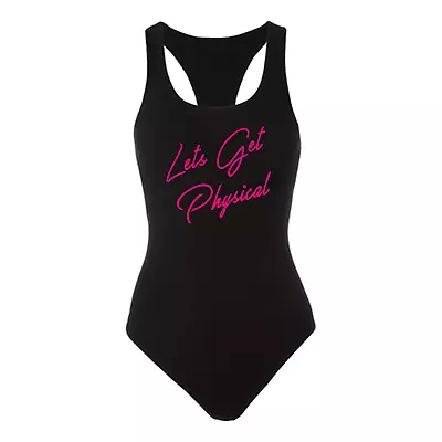 Let's Get Physical Black Racerback Bodysuit- 80s Costume Workout Funny One Piece • $21.99