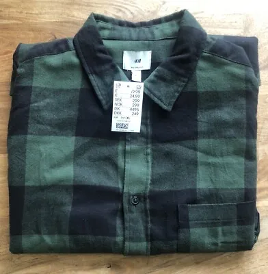 H&M Men's Green/Black Long Sleeve Button Up Flannel Shirt Size XL New • £18.99