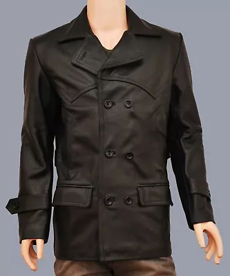 NEW Black GERMAN MILITARY COAT REAL LEATHER JACKET MENS PEA COAT DOCTOR WHO COAT • $101.99