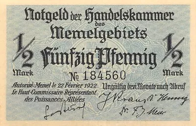 Lithuania / Memel  1/2  Mark  22.2.1922  WW I  Uncirculated Banknotes AA8 • $35