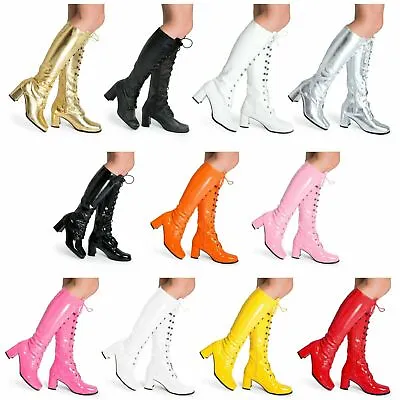 Womens Ladies Mens Eyelet Disco Go Go 60's 70'S Knee High Fancydress Boots • £22.95