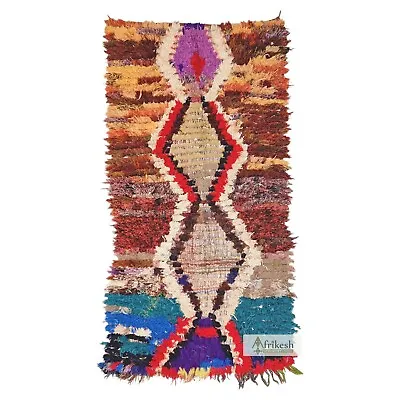 Moroccan Handmade Vintage Boucherouite Rug3'6x7'1 Berber Brown & Blue Cotton Rug • $232.20