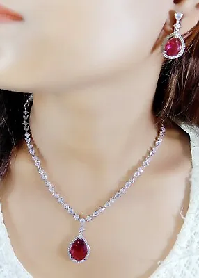 Silver Plated Indian Bollywood Style CZ Jewelry Red Ruby Necklace Earrings Set • $25.49