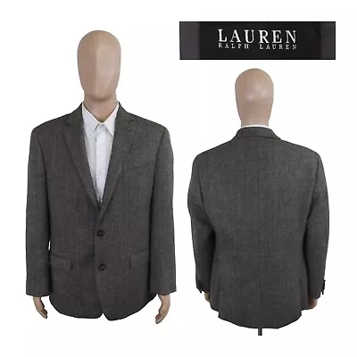 Ralph Lauren Slim Leather Button Tweed Herringbone Gray Wool Sport Coat 44R • $62.99