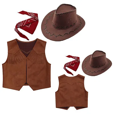 Kids Boy Cowboy Wild West Fancy Dress Up Western Vest Felt Hat With Bandanna Set • £14.02